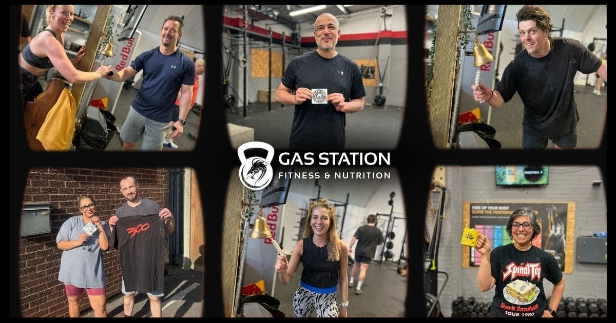Collage of six members ringing the achievement bell at Gas Station Fitness & Nutrition, celebrating their fitness milestones and habits that led to success.